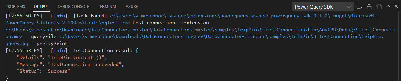 Power Query SDK:n Run TestConnection -funktion tulos.