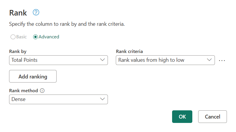 Sijoitusmuunnos, jossa on valittuna dense rank -menetelmä.