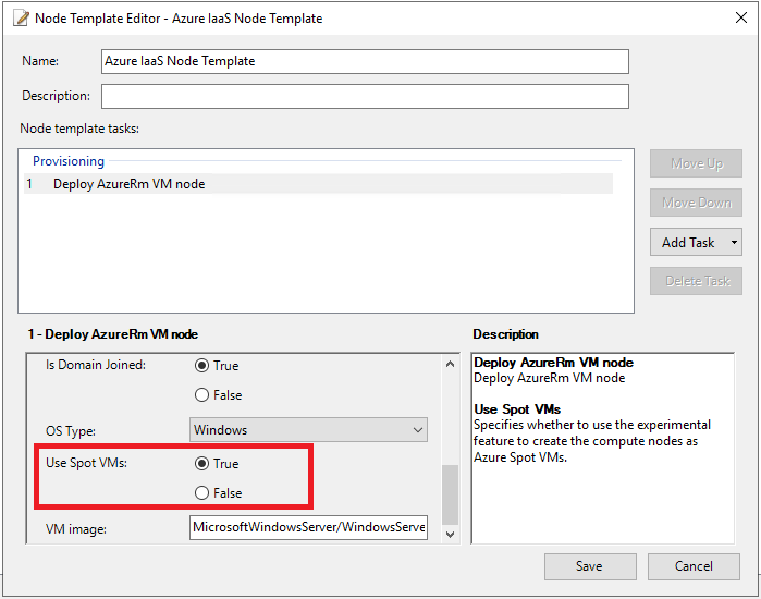 Screenshot shows the Node Template Editor with the Use Spot V Ms specified as True.