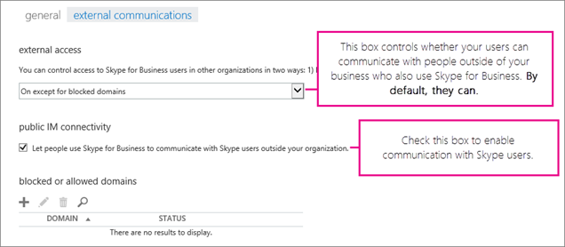 Choose Let people use Skype for Business to communicate with Skype.