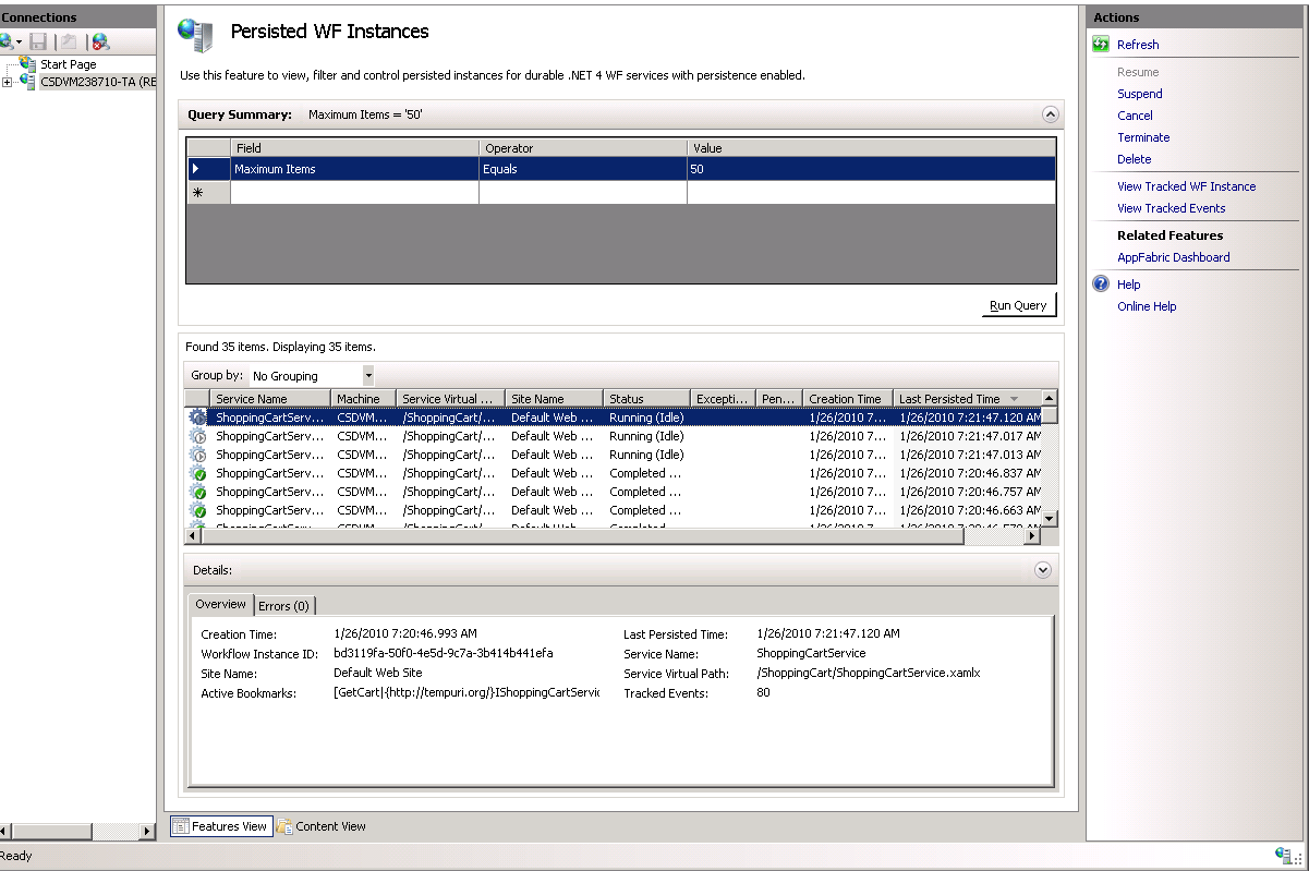 Persisted WF Instances Page