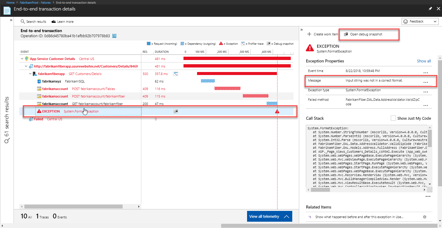 Screenshot that shows exception details.