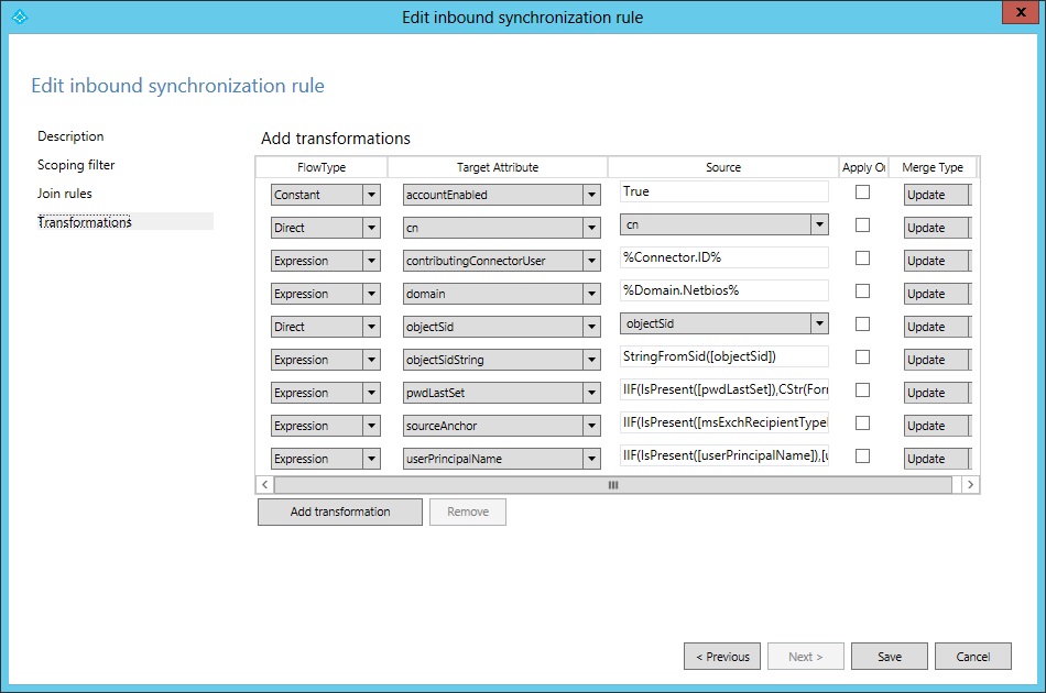 Edit intbound synchronization rule