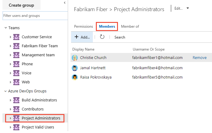 Web portal, Security tab, Project Administrators Group, Members tab