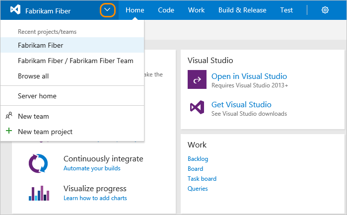 Choose another team from the project menu in TFS 2017.