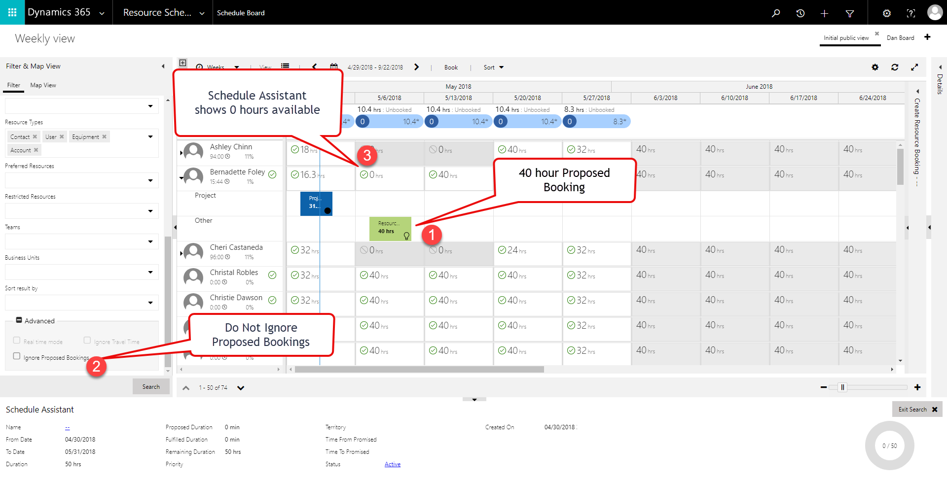 Screenshot of proposed bookings on the schedule board