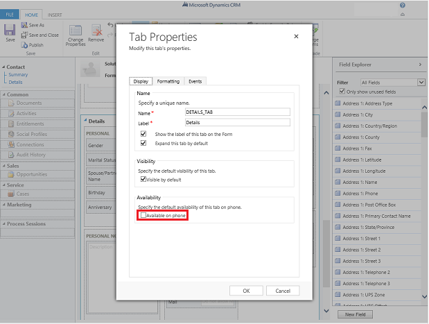 Tiedot-välilehden piilottaminen Dynamics 365 puhelimille -sovelluksessa