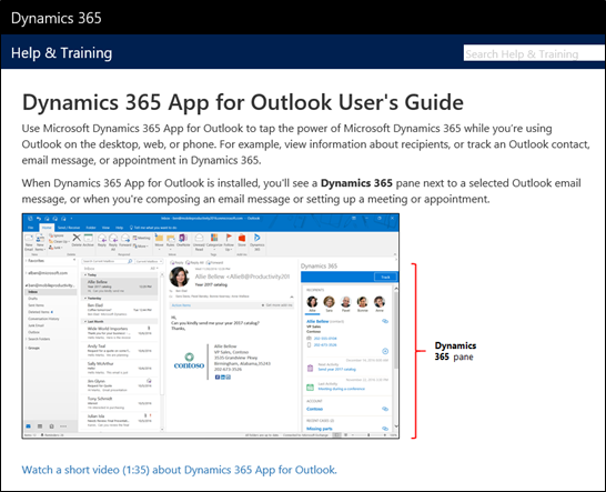 Dynamics 365 App for Outlookin käyttöopas -sivu