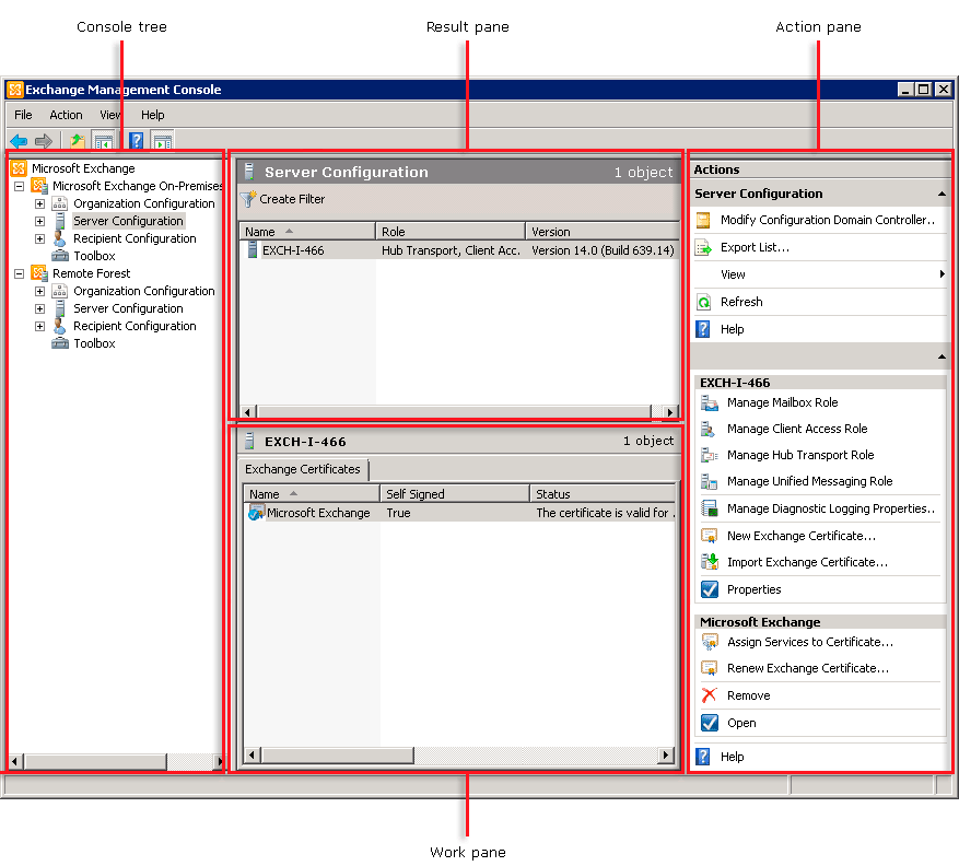 Exchange Management Console with callouts