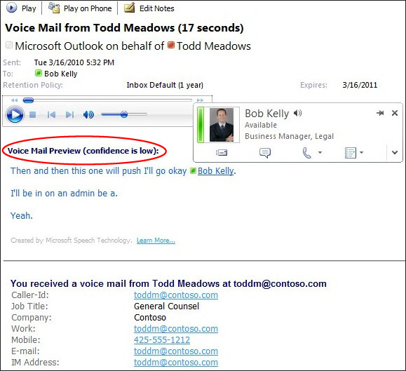 Shows Voice Mail Preview with low confidence level