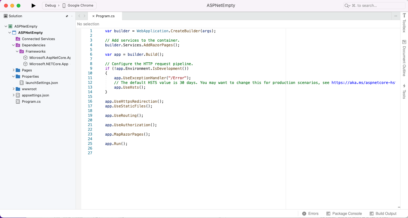 Screenshot shows new ASP.NET Core Empty Project view while creating an ASP.NET Core app.