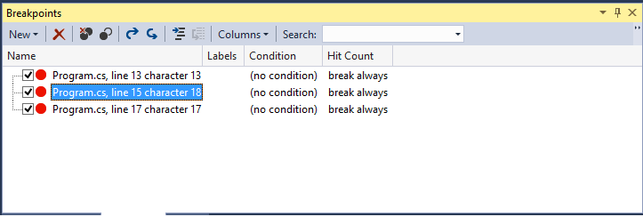 Breakpoints window