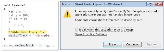 Exception dialog box