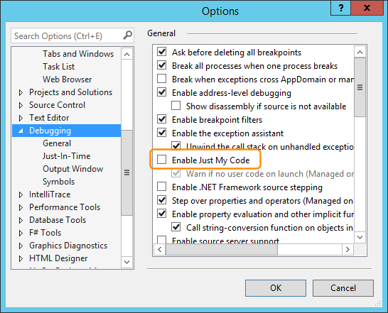 Show external code using Options dialog