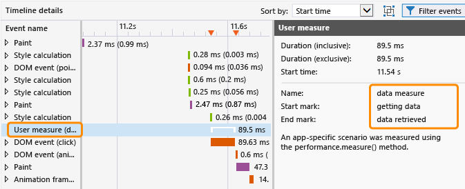 User measure event in the timeline details view