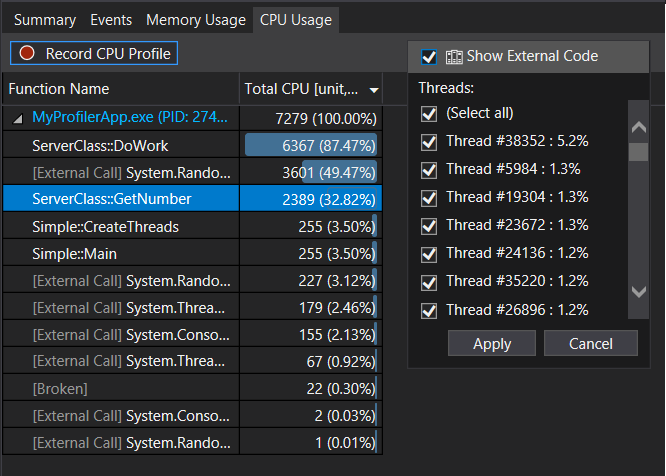 Choose Filter View, then Show External Code