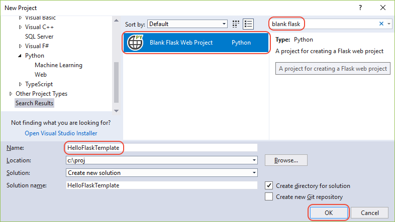 Creating a new project with the Blank Flask Web Project template