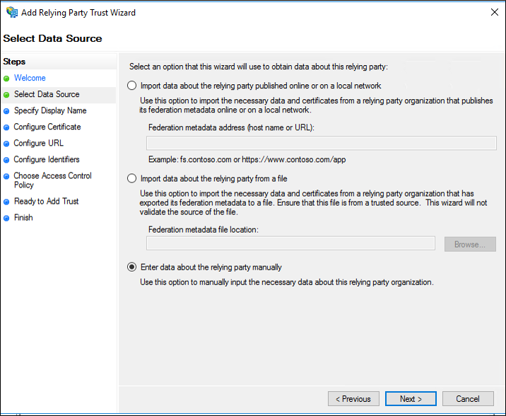 Screenshot of the Select Data Source page of the Add Relying Party Trust Wizard showing the Enter data about the relying party manually option selected.