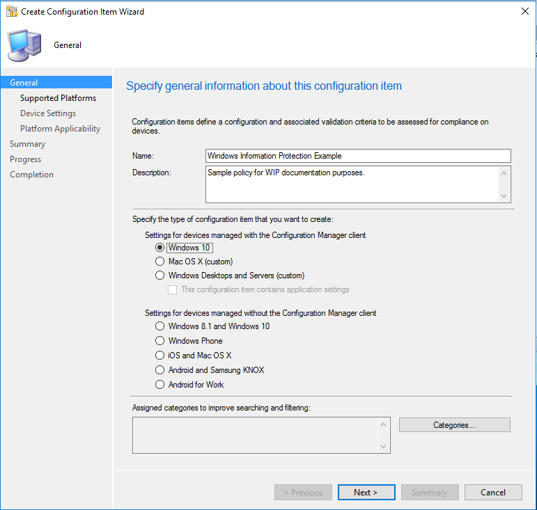 Create Configuration Item wizard, define the configuration item and choose the configuration type.