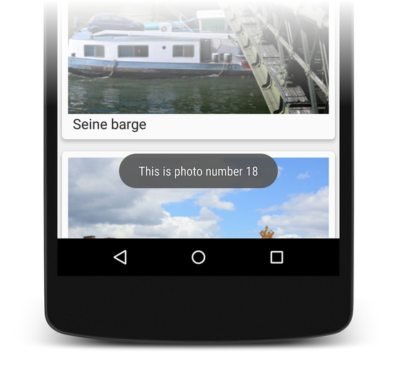 Example Toast that appears when a photo Card is tapped