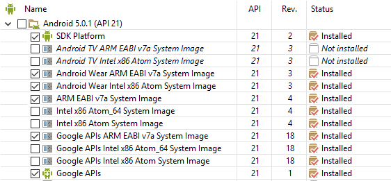 Example SDK Manager screenshot of enabling Android 5.0.1 components