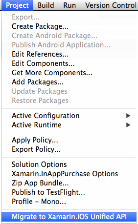 Choose Project > Migrate to Xamarin.iOS Unified API... and agree to the warning message that appears