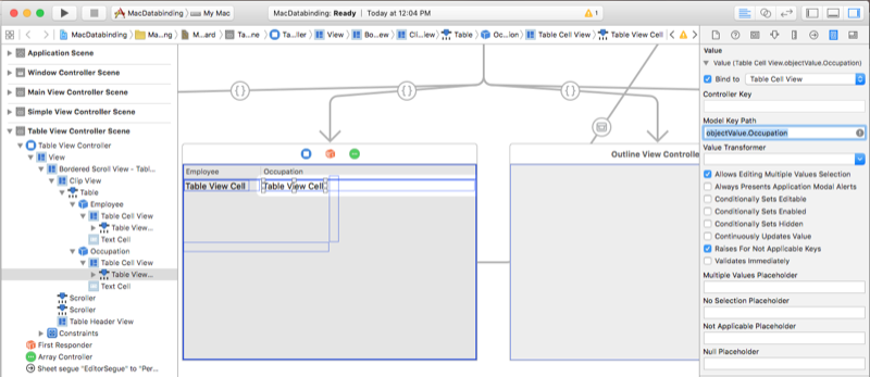 Setting the model key path for the Occupation column.