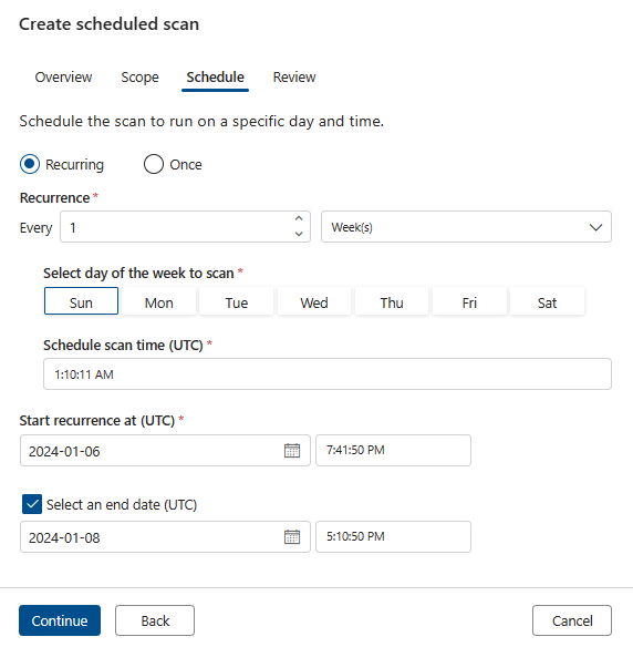 Screenshot of the create a scheduled scan page schedule tab.