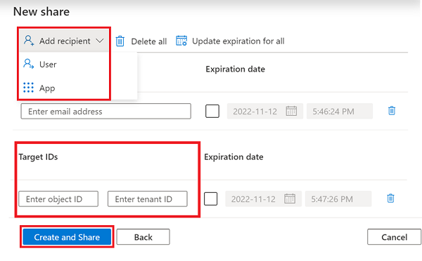 Screenshot showing the add app recipients page, with the add app option and required fields highlighted.