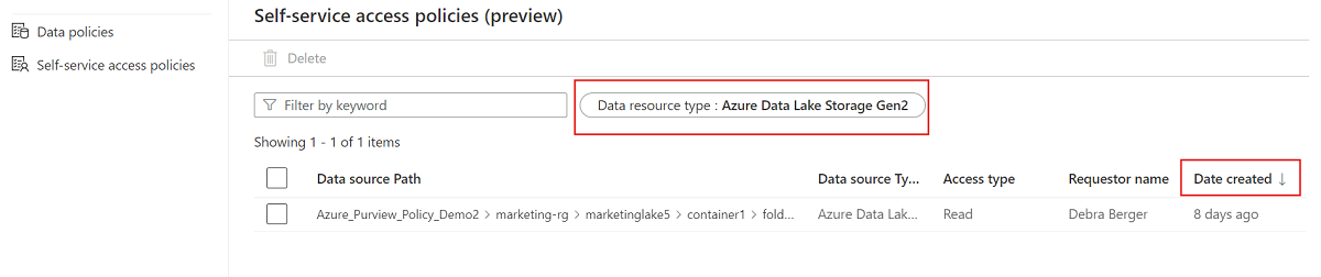 Screenshot showing the self-service access policies page, with an active filter highlighted next to the keyword filter textbox, and the date created column header selected to sort by that column.