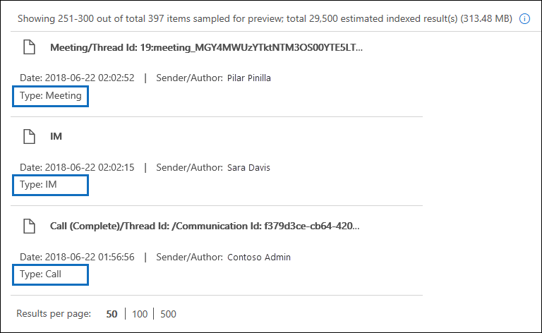 Teams meetings, calls, and 1xN chats are identified in the Type field.