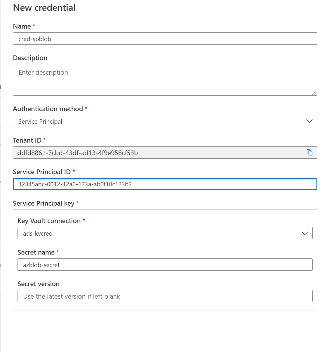 Screenshot that shows the service principal option