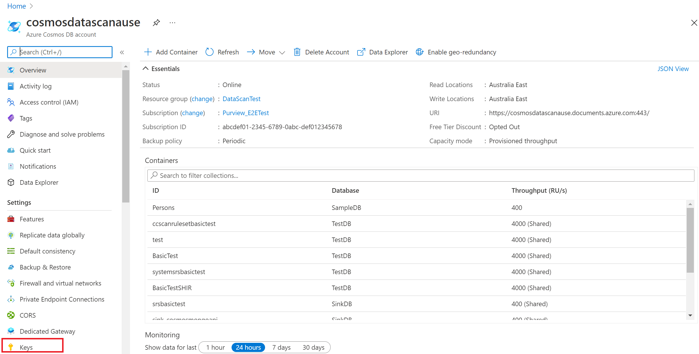 Screenshot that shows the access keys in the storage account