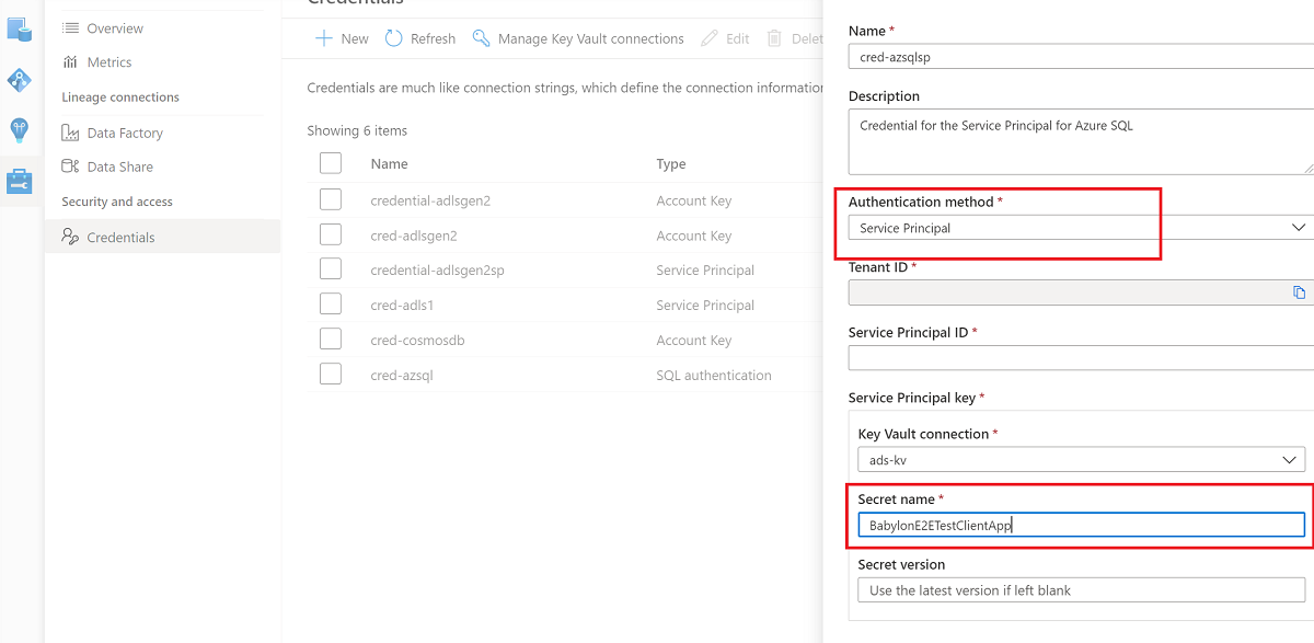 Screenshot that shows the key vault option to create a secret for a service principal.