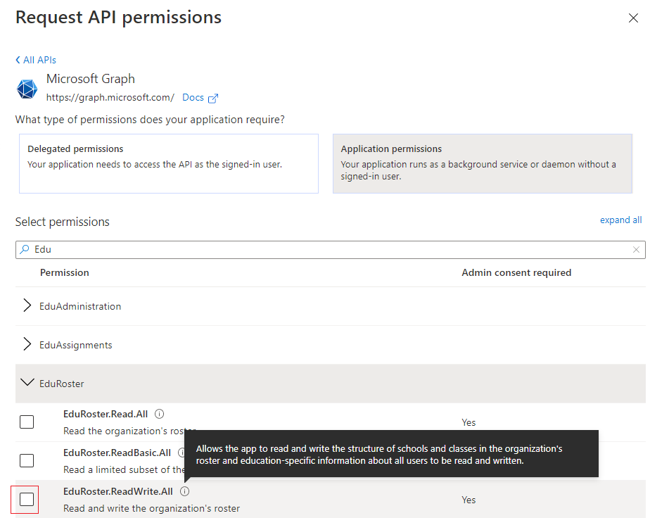 Screenshot of an API permission item with a tooltip.