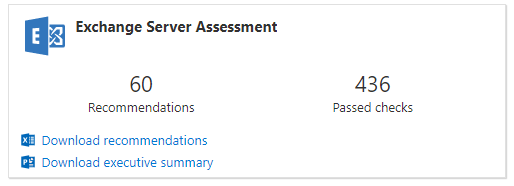 Exchange Server Assessment -ruutu, joka näyttää suositusten ja hyväksyttyjen tarkistusten määrän.