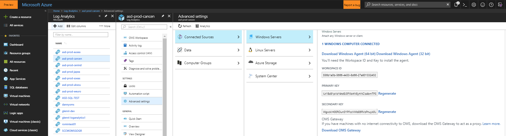 Microsoft Azure -ikkuna, jossa näkyvät Lataa Windows-agentti -linkit 64-bittisille ja 32-bittisille asennustiedostoille.