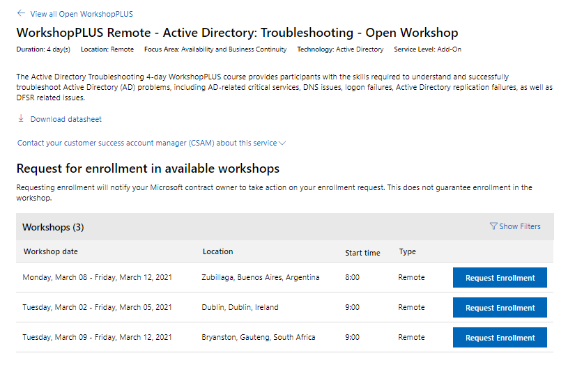 Workshop PLUS -tapahtumasivu, jolla näkyy luettelo työpajojen päivämääristä, joihin käyttäjä voi rekisteröityä.