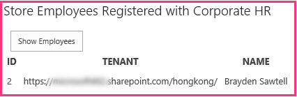 The corporate employees list on the add-in start page showing the same employee that was selected in the earlier step.