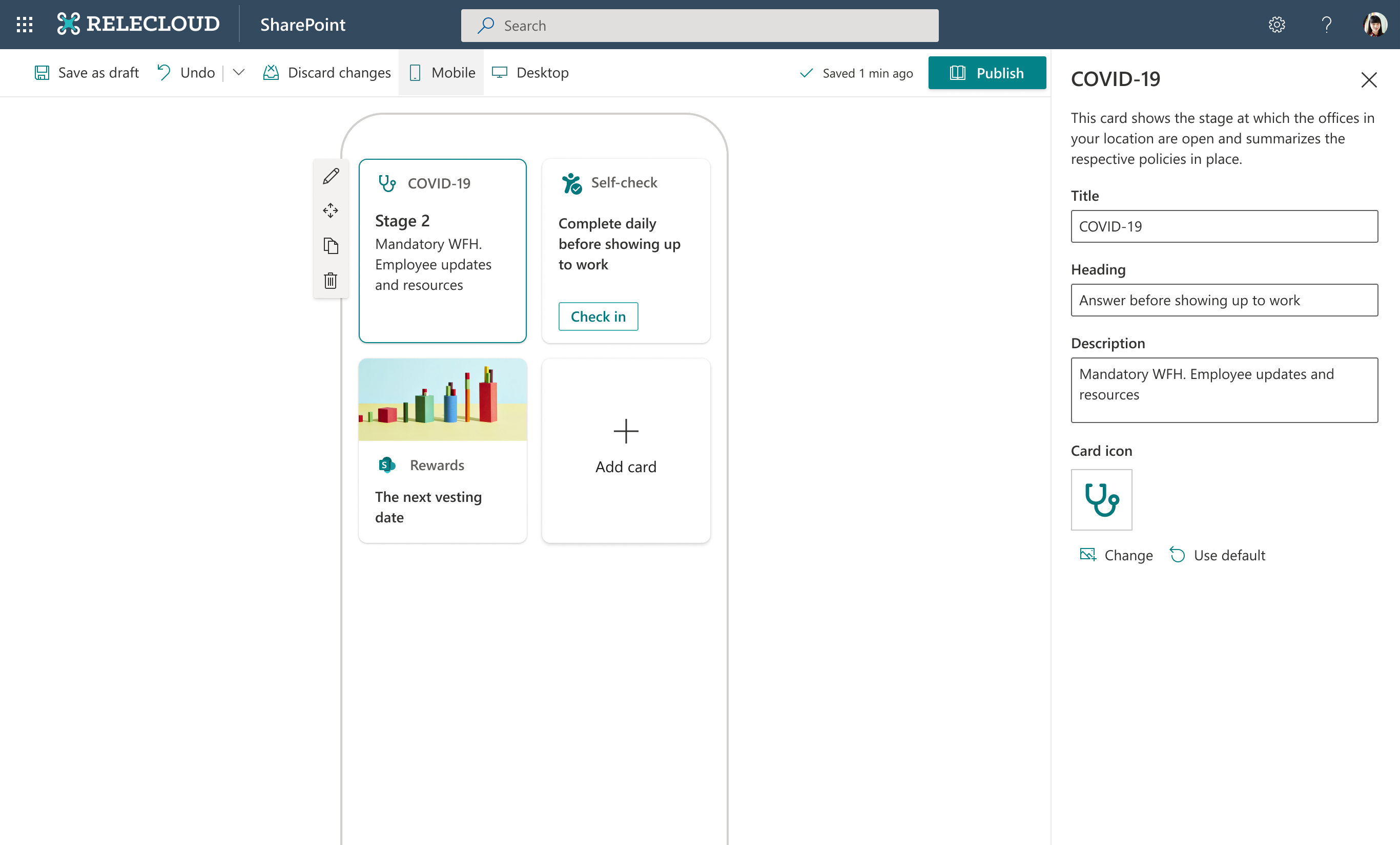 Screenshot of the Rerecloud application showing an edit pane that allows the user to edit the title, heading, and description of a card.