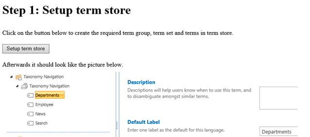 Term store setup screen