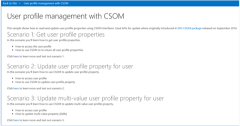 Screenshot of the start page of the UserProfile.Manipulation.CSOM app