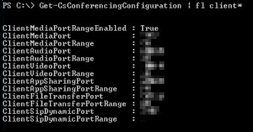 Näyttökuva, jossa näkyy CMD-näyttö, joka näyttää Get-CsConferencingConfiguration komennon ja porttialueiden tuloksen.