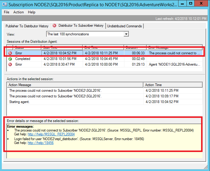 Screenshot of Error that indicates the Distribution Agent can't connect.