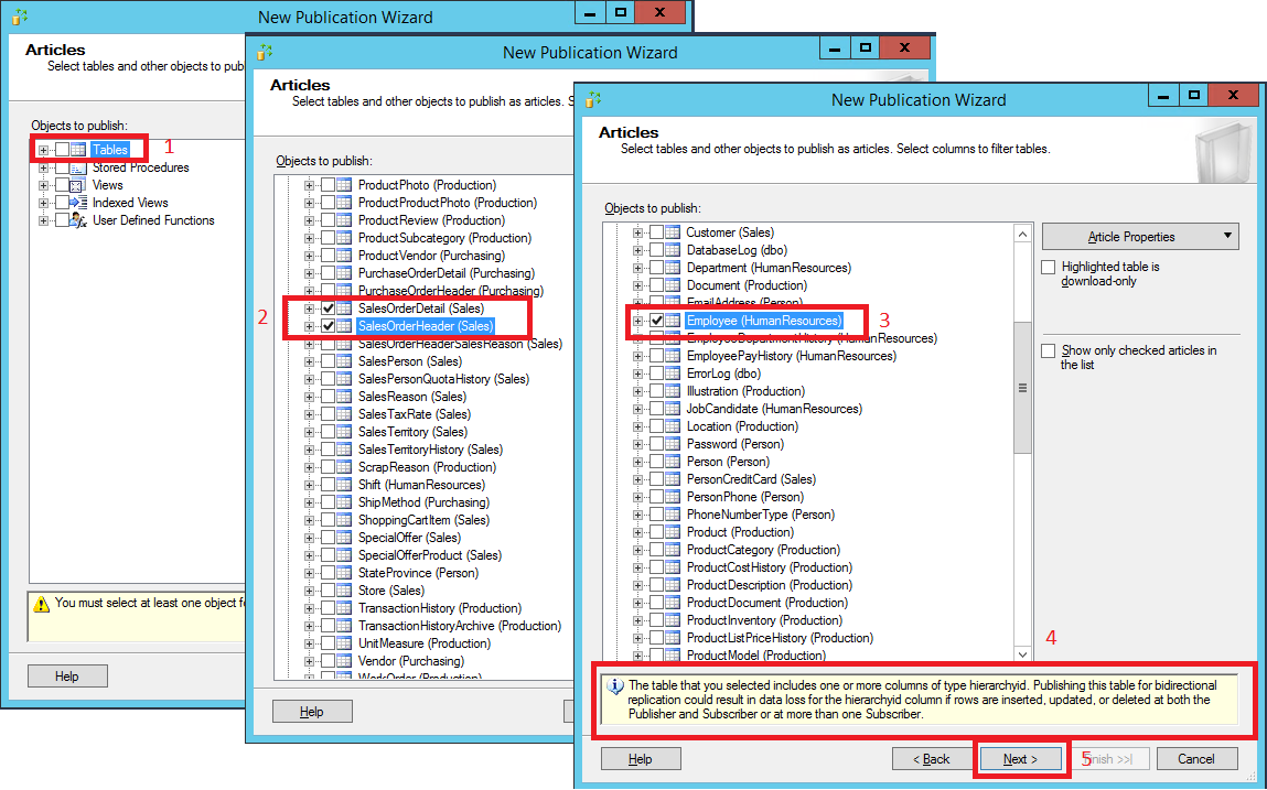 Table selections on the "articles" page