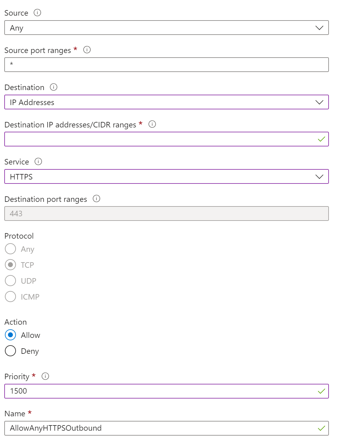 Screenshot of NSG outbound rules to enable SQL to communicate with the ledger.