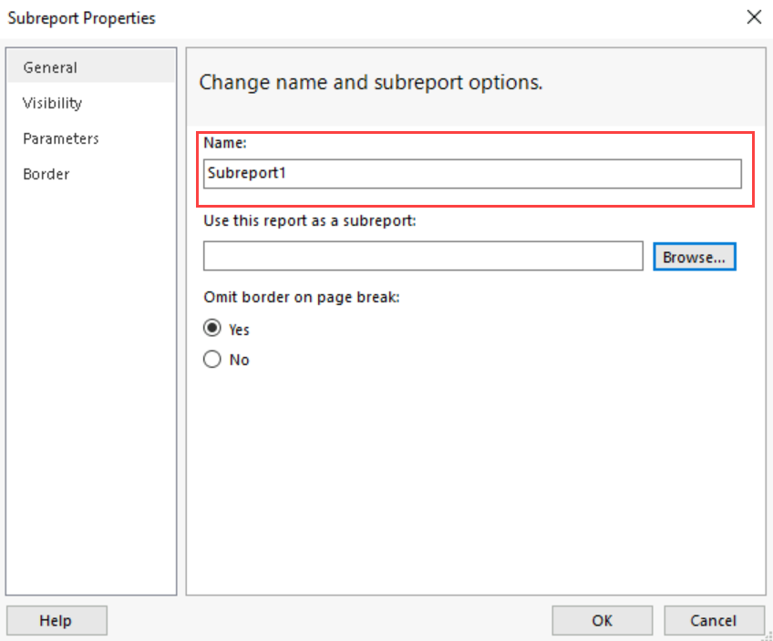 Screenshot of the Subreport Properties dialog box highlighting the Name field on the General tab.