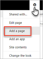 Screenshot of the gear menu, highlighting Add a page.