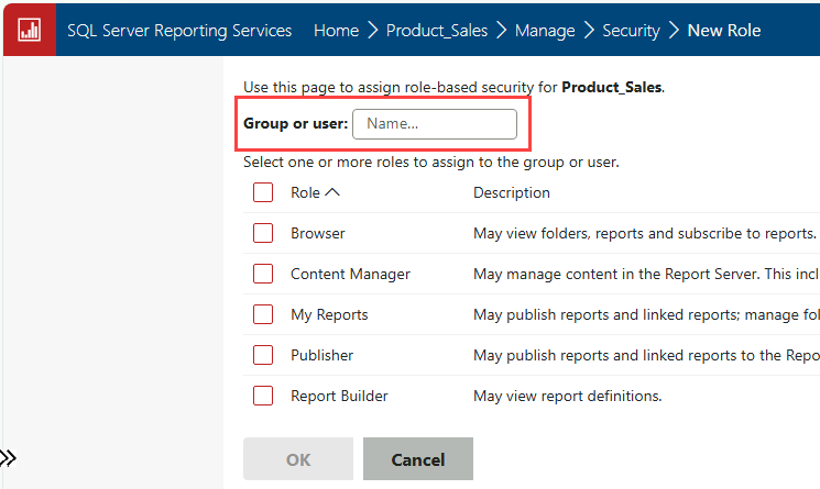 Screenshot of the report server web portal that shows the New role page of a report item. The Group or user field is highlighted.