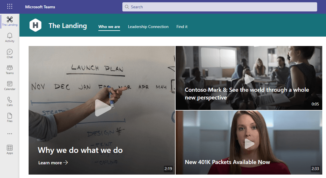 Organisaation intranetin aloitussivu näytetään Viva Connections kautta Välilehtenä Teamsissa. Videot näytetään sivun yläreunassa Hero-verkko-osassa.